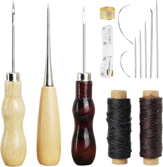 Leather Thread Leather Needle Leather Sewing Set 2 Rolls of Waxed Saddle Yarn Tear-Resistant Wax Thread with Drilling Awl Saddle Needle and Thimble Leather Twine for Leather Crafts DIY Sewing Repair