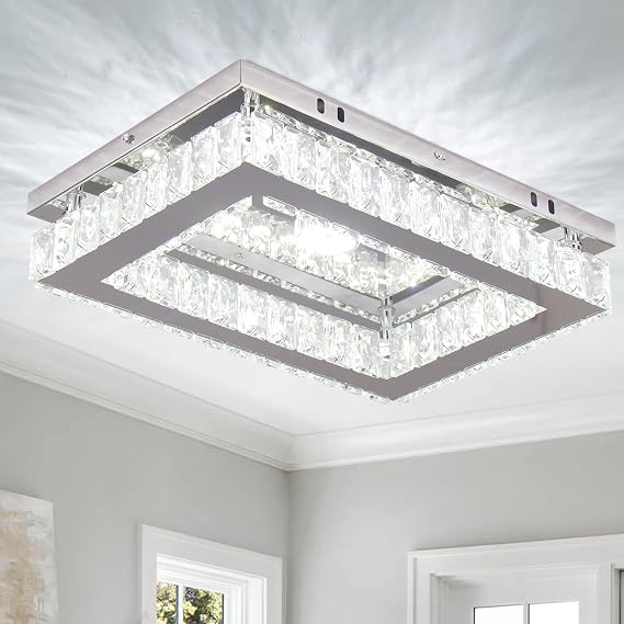 Finktonglan LED Crystal Chandelier, 11.8in Rectangular, 18W, 6000K [Energy Class E]