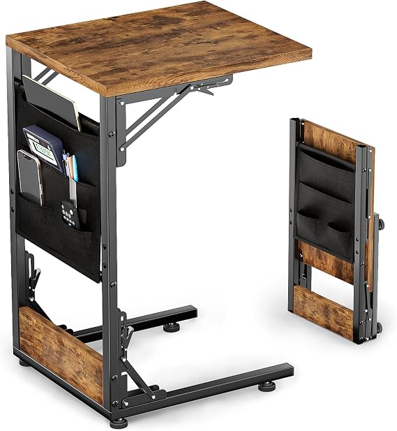 Mutool C-Shaped Sofa Table, Foldable Side Table Bedside Table with Storage Bag, Metal Frame Coffee Table for Living Room Bedroom Office (Rustic Brown)