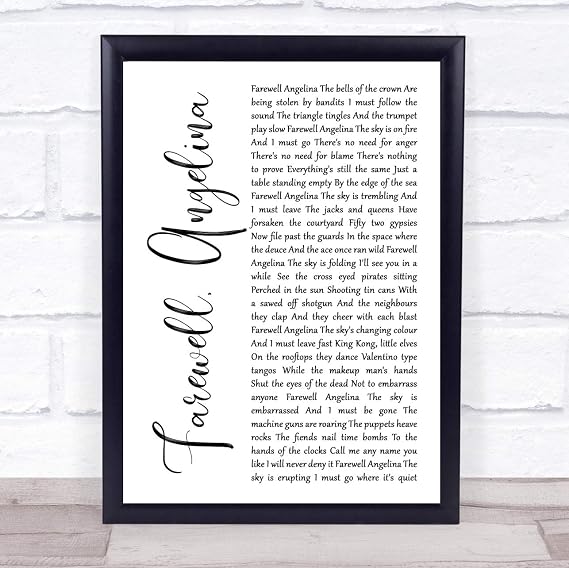 Farewell, Angelina White Script Song Lyric Print