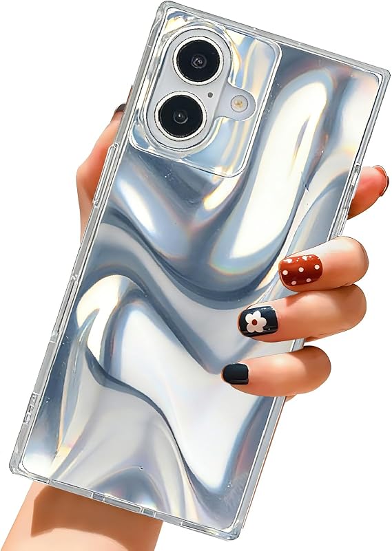 Guppy iPhone 17用ケース、美しい玉虫色マットレーザー長方形蛍光ケーススリム長方形デザイン保護ソフトワイヤレス充電カバー-シルバー