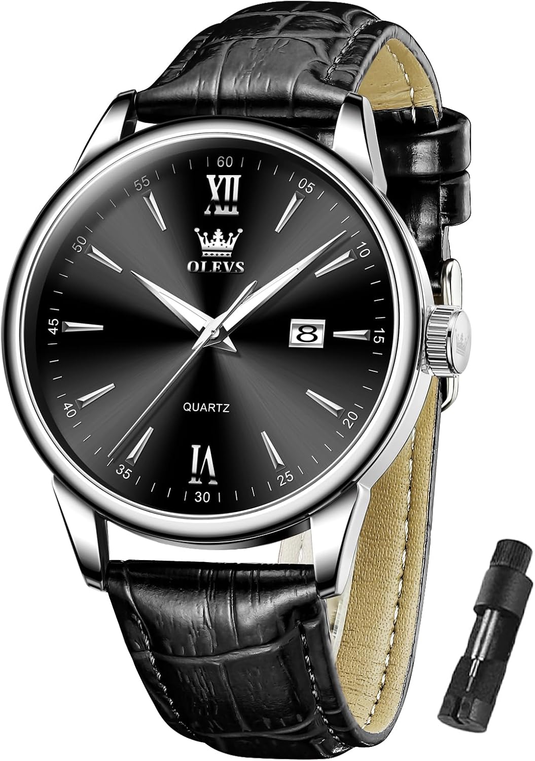 OLEVS Men's Waterproof Watch Leather Strap Quartz Classic Wristwatch Simple Dial with Date Luminous Watches for Men