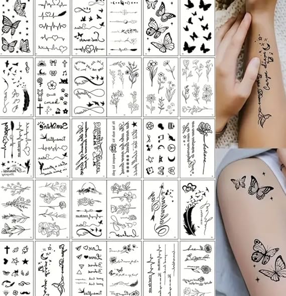 30 Sheets Fine Line Temporary Tattoos - Realistic Removable Body Art, Words, Patterns, Flowers, Botanical Leaves - 100s of Festival Tattoos