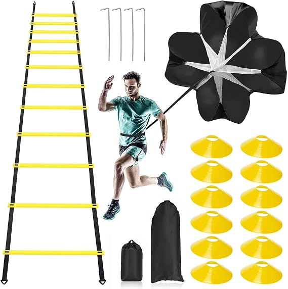 Pro Speed Agility Training Set,Includes 12 Rung 20ft Adjustable Agility Ladder with Bag,12 Sports Cones,4 Steel Stakes,1 Resistance Parachute for Adults Football Speed Training Workout