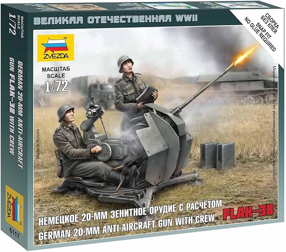 Zvezda 6117 German with Crew (-) (-) 1:72 German 2 cm Flak 38 Model Kit, Plastic Kit, Assembly Kit, Detailed Replica, Unpainted, One Size