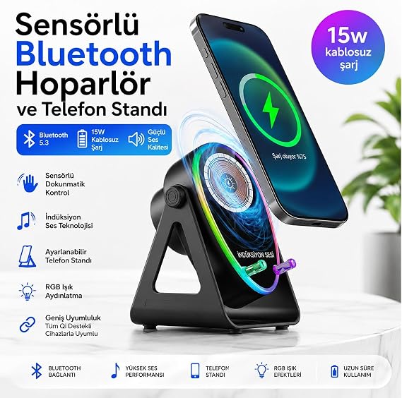 Sensörlü Bluetooth Hoparlör Telefon Standı RGB Işıklı Kablosuz Şarjlı Katlanabilir Siyah