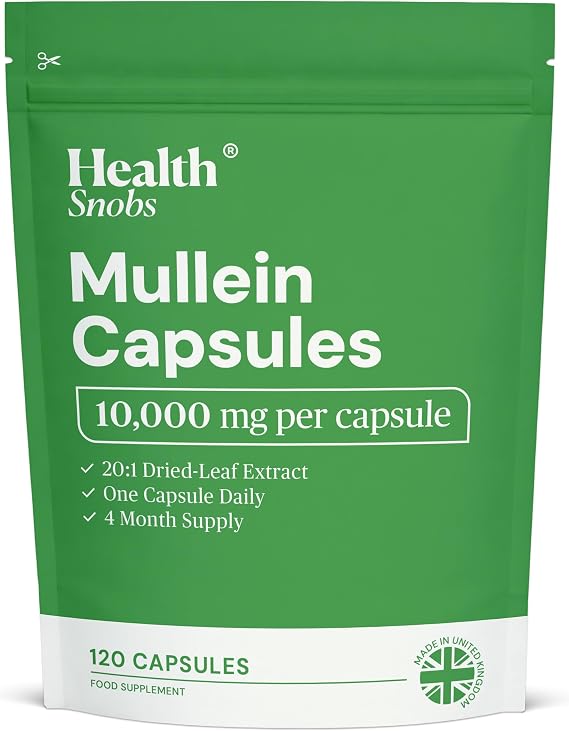 Mullein Leaf Extract for Lungs 10,000mg - 120 Vegan Capsules (4-Month Supply) - Made in the UK - High Strength Supplement - By Health Snobs