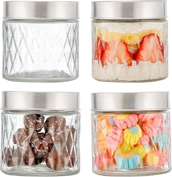 Hniuyun 4 Pack 10oz Wide Mouth Glass Jars with Stainless Steel Lids, Airtight Food Storage Containers for Overnight Oats, Spices, Candies, DIY Crafts