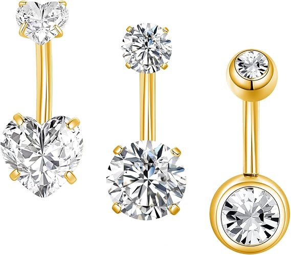 3pcs Belly Button Bars 6/8/10/12/14mm Stainless Steel Silver Gold Navel Rings Crystal 14G Piercing Jewellery