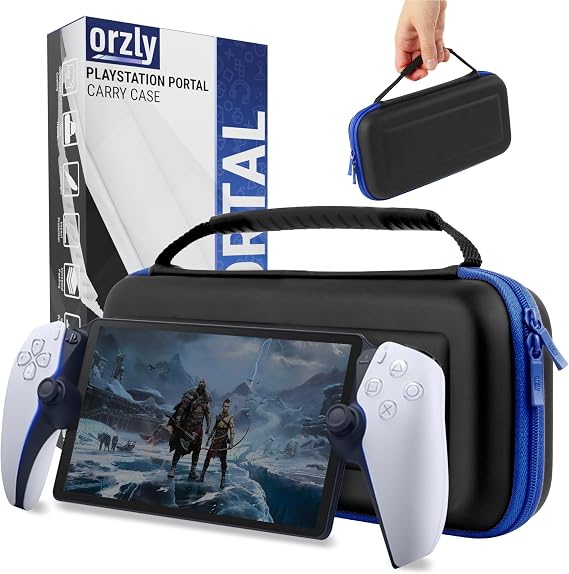 Orzly Carry Case Designed for PlayStation Portal Remote Player for PS5 Console Holds Accessories, Travel and Storage Protection for Headset Charger and More Black/Blue - Gift Box Edition