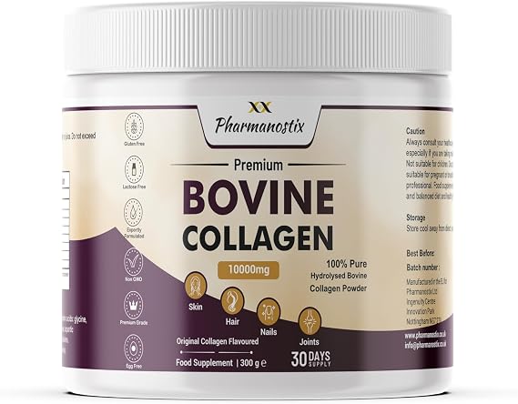 Pharmanostix Hydrolysed Bovine Collagen Powder 10000mg Type 1 & 3 Unflavoured- Grass Fed -18 Amino Acids- High Strength Protein Peptides for Women & Men- Halal - for Healthy Skin Hair Nails -Keto