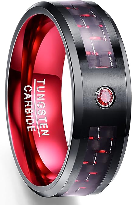 VAKKI 8mm Black Tungsten Ring Mens Wedding Ring Bands with Blue/Red/White Cubic Zirconia and Carbon Fiber Beveled Edges Size L 1/2-Z+5