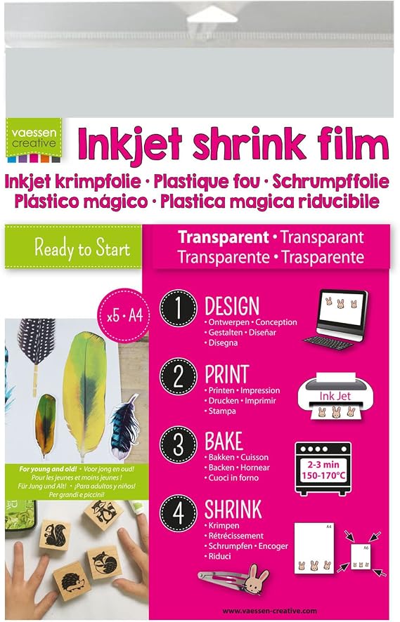 Vaessen Creative 1611-002 Printable Shrink Plastic for Inkjet Printers, Transparent, 5 Sheets, 21 x 30 cm, Directly Print Custom Designs for Fun Shrinky Arts and Crafts Projects