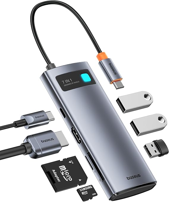 Baseus USB C to HDMI Adapter 4K@60Hz USB C Docking Station 7 in 1 USB C Hub with 3 USB-A, PD100W, TF/SD Card Reader, USB C Dock for iPhone 15, Mac, Dell, Acer, HP, ASUS, Steam Deck, Rog Ally