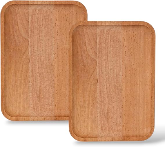 2 Pack Solid Wood Serving Platters and Trays of Natural with Edge,Rectangular Avoid Sliding and Spilling Food (Wood 10x7Inch)