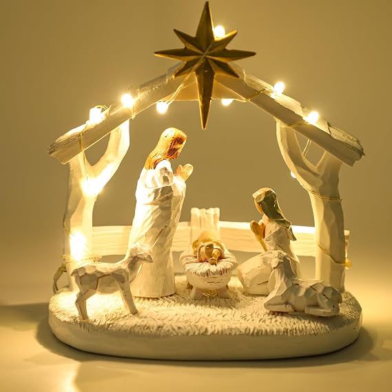 Nativity Set for Christmas Decoration, Resin LED Nativity Set Nativity Scene Indoor with Manger, Nativity Sets & Figures Nativity Story- Christmas Decorations Indoor