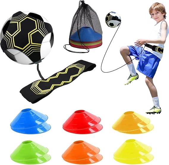 Football Training Equipment – Kick Trainer with Adjustable Belt, 12 Football Cones, Solo Practice Aid for Boys & Adults, Elastic Ball Holder for Ball Size 3/4/5