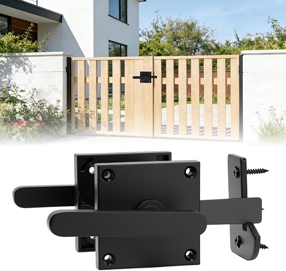 Double Sided Gate Latch, Heavy Duty Garden Gate Latch for Wooden Gates, Aluminum Black Shed Door Latch, Double Side Handle for Yard, Fence, Garden, Pool Gate