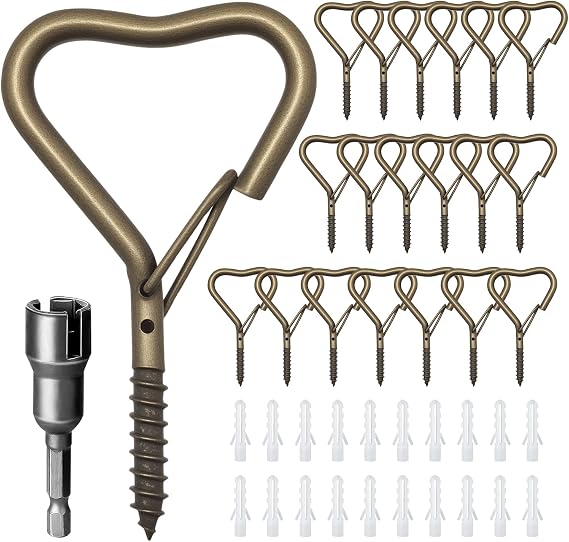20 PCS Heart Shaped Hooks for Outdoor String Lights,Screw Hooks for Outdoor String Lights, Party Lights, Garage, Bird Feeder, Lanterns,Wind Chimes Bronze