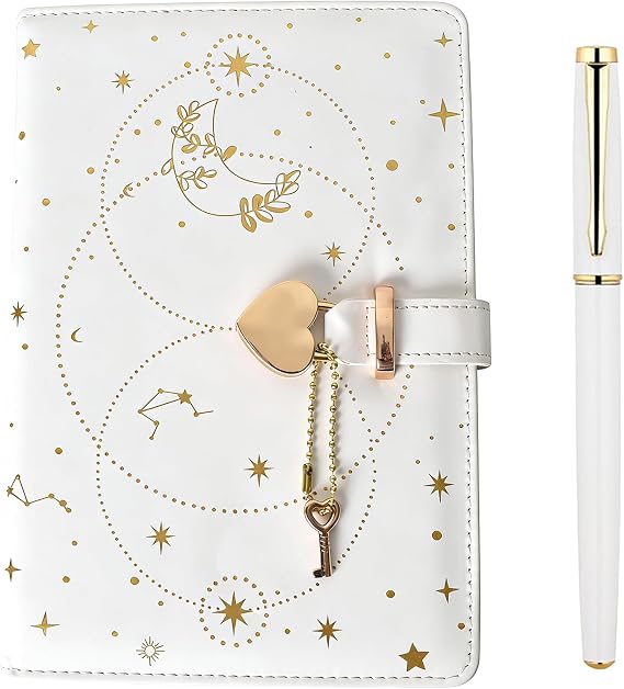 A5 Notebook Heart Padlock, 192 Pages Heart Lockable Journal notebook A5 Refillable Notebook with Lock Starry Leather Journal with Lock with Pen for Boys Girls Office School and Travel (White)