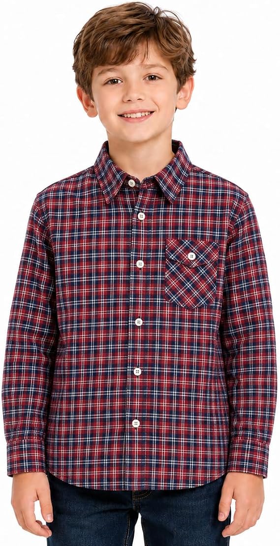 Bienzoe Boys Plaid Flannel Shirt: Long Sleeve Button Up