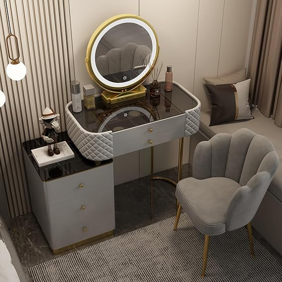Makeup Vanity Makeup Vanity Desk with Mirror and Lights Bedroom Vanity Table 3 Lighting Modes Brightness Adjustable with Lots Storage for Girls Women Modern Vanity Desk for Bedroom.(Grey,80x76x40cm)