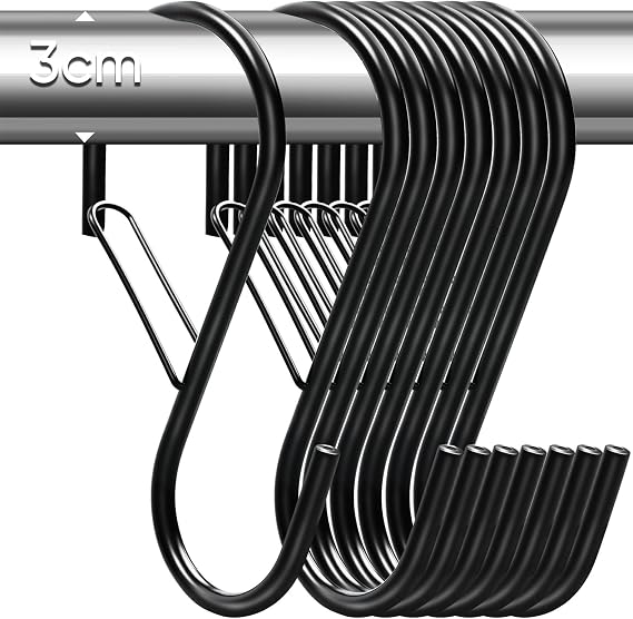 S Hooks for Hanging with Safety Buckle, 10 Cm Black Heavy Duty Large S Shaped Hook, Metal Kitchen Hooks for Utensils, Plants, Bathroom,Clothes, Jeans, Pots, Bags-8 Pack