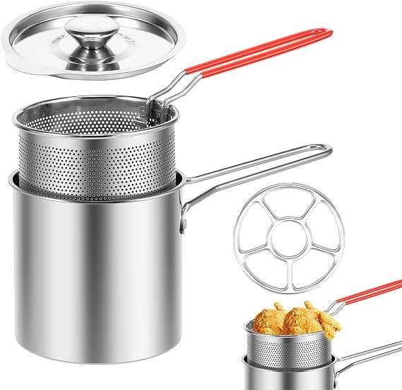 Deep Fat Fryer Set with Strainer Basket and Extended Handle, Stainless Steel Mini Deep Fryer Pot with Lid, Oil Saving Small Fryer for Frying Fish Shrimp Chicken and Fries(Pot+basket+lid+oven rack)