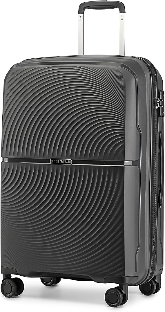 British Traveller Suitcase Hand Luggage Suitcase Lightweight Cabin Suitcase Hard Shell Small Suitcase with 4 Wheels Spinner and TSA Lock(Black), S(55cm 40L)