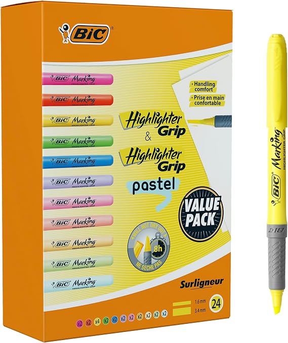 BIC Highlighter Grip Adjustable Bevel Tip Highlighters - Intense and Pastel Colors - Pack of 24