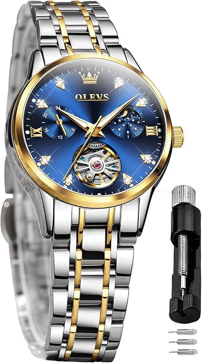 Olevs 腕時計 女性用 クォーツ ファッション ホワイト セラミック エレガント レディース ウォッチ セット アナログ ツートーン ステンレススチール 防水ウォッチ, ブルー, レディースドレスウォッチ。