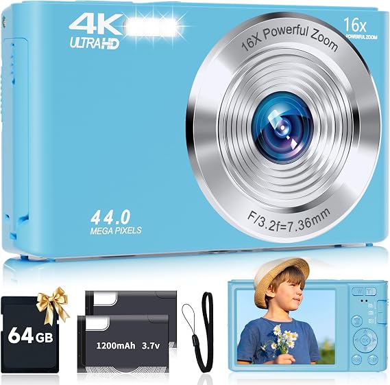SMARTKLIK Digital Camera for Teens, FHD 4K 44MP Digital Camera Autofocus with 64GB SD Card 16X Zoom, Cameras for Photography Compact Point and Shoot Camera for Teen Boy Girl Kids Camera Beginner