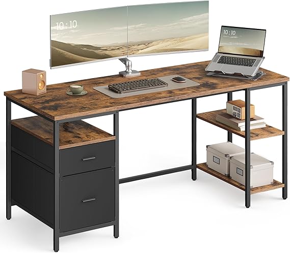 VASAGLE Computer Desk, Work Desk with Storage, 3 Shelves, 2 Drawers, 60 x 160 x 76 cm, for Home Office, Living Room, Industrial Style, Rustic Brown and Matte Black LWD105K01