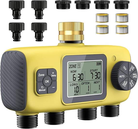 4 Zone Water Sprinkler Timer with Brass for Lawns and Gardens, Hose Timer