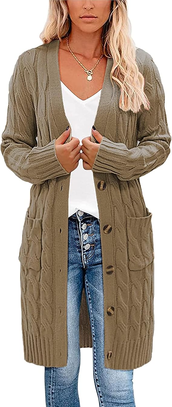 kinstell Women's Long Sleeve Button Top Chunky Aran Cable Knitted Long Length Boyfriend Grandad Cardigan Brown