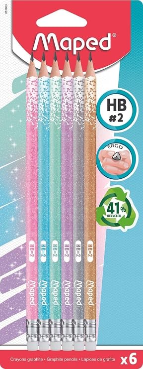 Maped - 6 x ergonomic three-sided pencils Black'PEPS with glitter barrel HB medium, 1 piece (6 pack)
