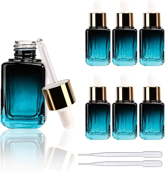 COSIDEA 空のグラデーション ブルー スクエア 30ml / 1オンス ガラススポイトボトル セラム エッセンス オイルボトル コンテナパッキング用 6個