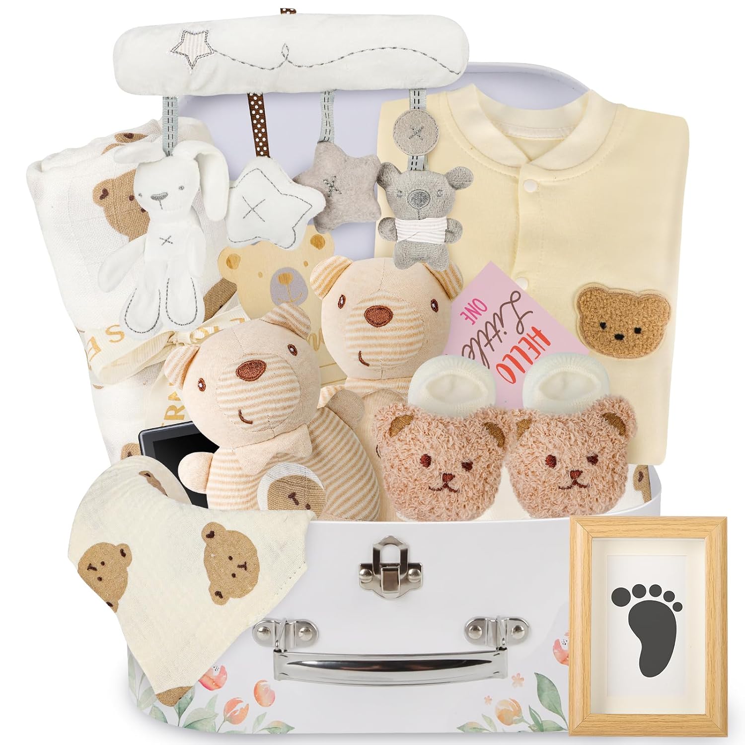 Herefun Baby Geschenk Jungen Mädchen Neugeborenen Geschenk zur Geburt Babygeschenke Babyparty Shower Set mit Baby Strampler Socken Badetücher Grußkarten Greifling Rassel Spielzeug