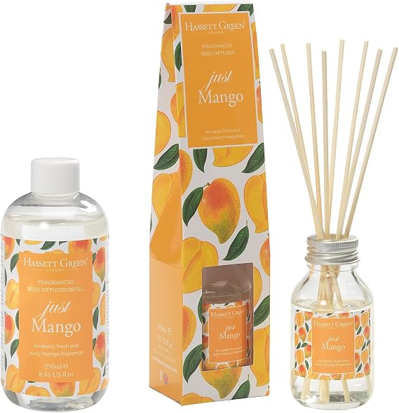 Hassett Green London - Just Mango - Reed Diffuser and Refill Combination Set - 100ml Glass Bottle with 8 Rattan Reed Sticks plus Larger Size 250ml Refill Bottle