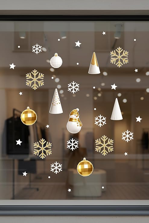 Yılbaşı Vitrin Süsü, Altın Kar Taneleri ve Noel Temalı Dekoratif Sticker, Yılbaşı Cam Vitrin Süslemeleri Yeni Yıl Çıkartma 39x47 cm