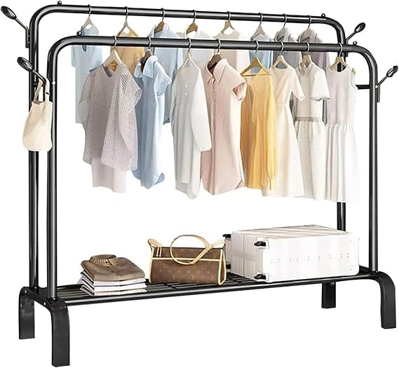 Heavy Duty Clothes Rail - Sturdy Black Metal Rack with Double Hanging Rods, Shoe Rack Shelf, 4 coat hooks, Freestanding Wardrobe Rail for Bedroom, Shop - Black Clothing Rail Rack (Without Wheels)