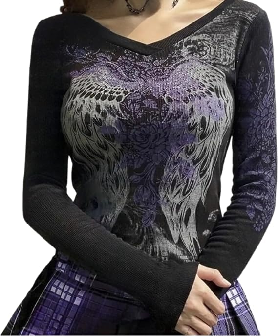 グランジシャツ エモ服 ティーン ガールズ ヴィンテージ グラフィック Tシャツ Y2k 2000年代 ゴス トップ 女性 Mcbling 長袖 ストリートウェア
