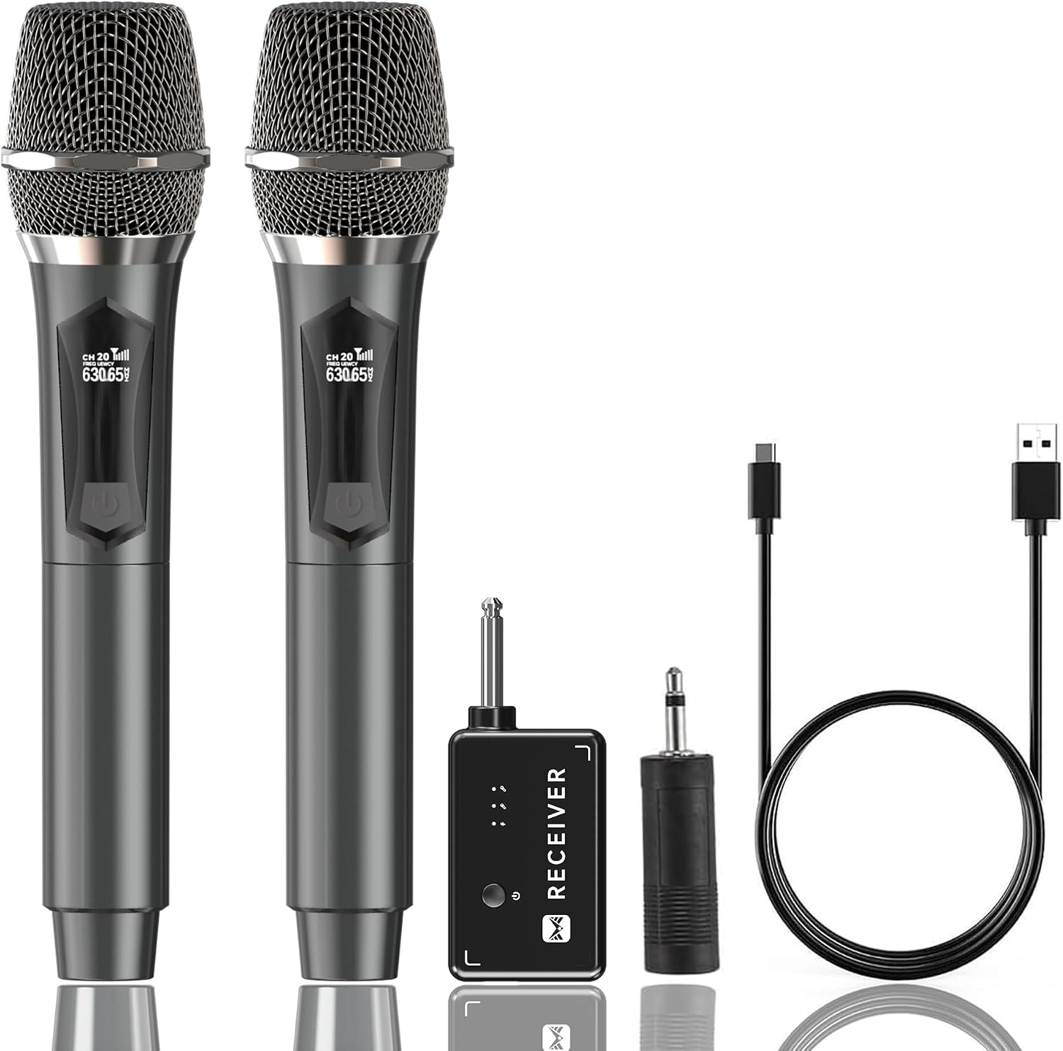 Microphone Wireless, Dual Handheld Cordless Microphone System with Rechargeable Receiver, 50H Duration, 200ft Range, Karaoke Microphones for Singing, Wedding, DJ, Party, Speech, YouTube Grey