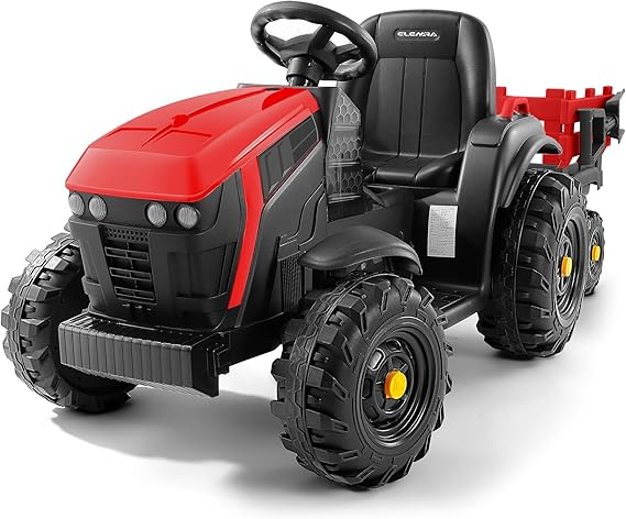 ELEMARA 24V 9AH Kids Ride on Tractor with Trailer, 400W Motors Electric Ride On for Kids, All-Terrain Capability, Safety Design with 3-Point Seat Belt for Ages 3+, Red