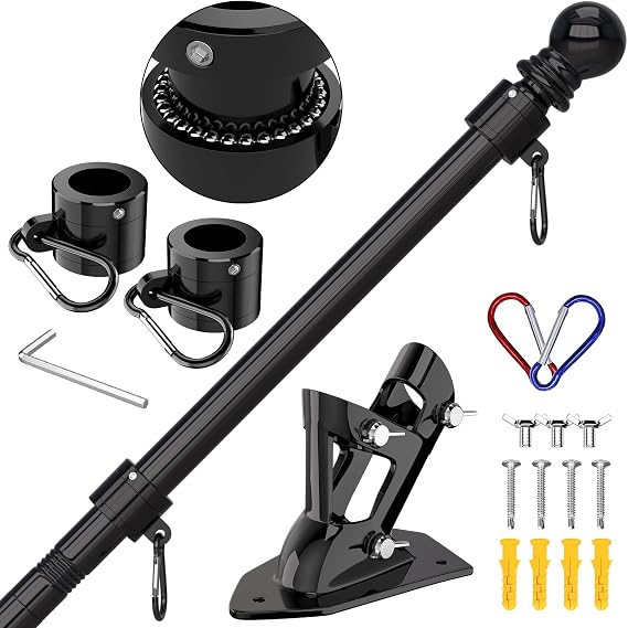 ZMTECH Flag Pole Kit, 6FT Wall Mounted Flagpole with Bracket for Wall, Stainless Steel Tangle Free Flag Pole Holder for House(Without Flag, Set of 2, Black)
