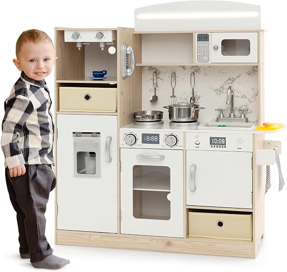 HOMASIS Play Kitchen with LED Children's Kitchen with 19 Accessories & Fabric Baskets Toy Kitchen with Sink Stove Oven Microwave Telephone Ice Maker Coffee Machine & Fridge Wooden Kitchen for