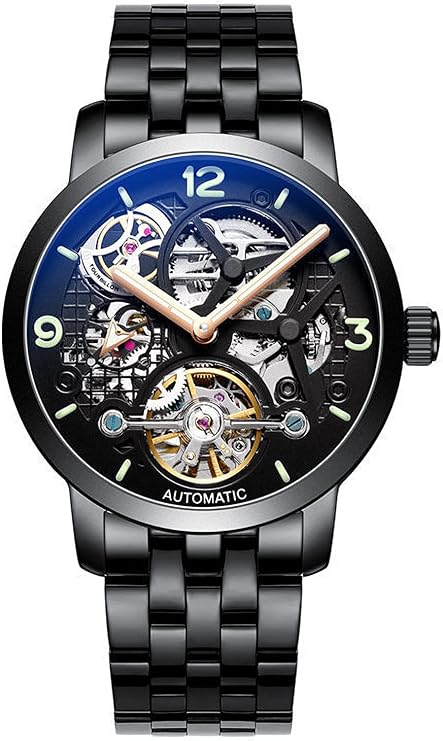 TEINTOP Men's Black Skeleton Self-Winding Auto Mechanical Wrist Watch (Steel)