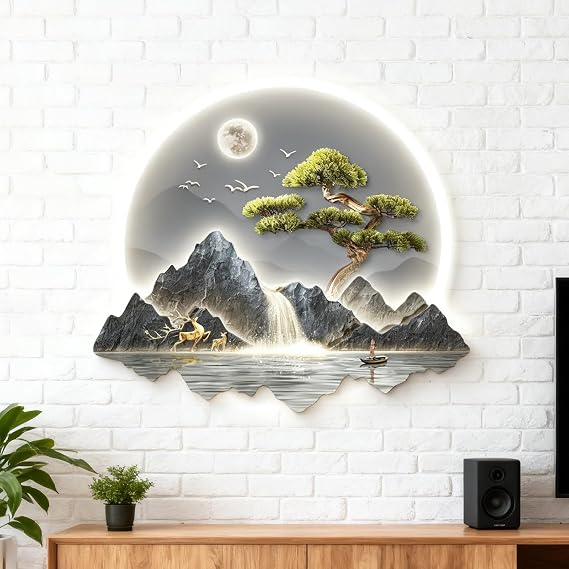 WQXylbrent 3D Textured Neutral Abstract Wall Art With Vase, LED Art Wall Decor, Decors Walls Sculptures Large 3D Art,Sandstone Green Plant Decoration Painting,for Entrance, Corridor(Style E,55x 48cm)