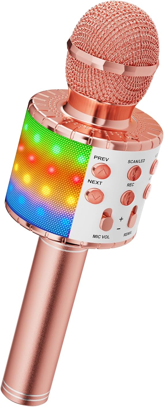 Ankuka Karaoke Microphone Bluetooth Wireless Microphone for Girl with LED Lights Gift Toys for Kids, Voice Changer, Compatible with Android, iOS, PC Rose Gold