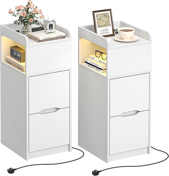 Quikraen Set of 2 Slim Bedside Table with Charging Station&Sensor LED Light